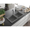Mexen Mario 2-chamber granite sink with Flora kitchen faucet, gray - 6504-71-670401-07-B