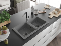Mexen Mario 2-chamber granite sink with Flora kitchen faucet, gray - 6504-71-670401-07-B