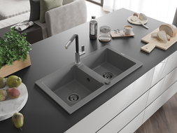 Mexen Mario granite kitchen sink 2-bowl with Flora kitchen tap, grey - 6504-71-670401-07-B