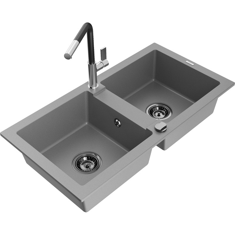 Mexen Mario granite kitchen sink 2-bowl with Flora kitchen faucet, gray - 6504-71-670401-07-B
