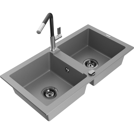 Mexen Mario 2-compartment granite sink with a kitchen mixer tap Flora, Grey - 6504-71-670401-07-B
