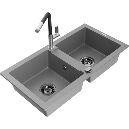 Mexen Mario granite kitchen sink 2-bowl with Flora kitchen tap, grey - 6504-71-670401-07-B