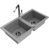 Mexen Mario 2-compartment granite sink with a kitchen mixer tap Flora, Grey - 6504-71-670401-07-B