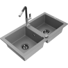 Mexen Mario granite kitchen sink 2-bowl with Flora kitchen faucet, gray - 6504-71-670401-07-B