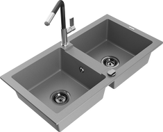Mexen Mario 2-chamber granite sink with Flora kitchen faucet, gray - 6504-71-670401-07-B