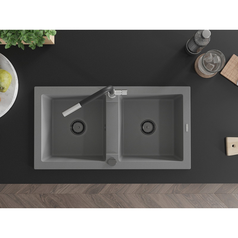 Mexen Mario granite kitchen sink 2-bowl with Flora kitchen faucet, gray - 6504-71-670401-07-B