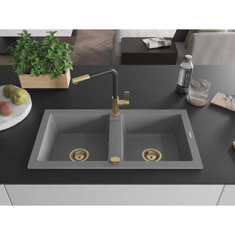 Mexen Mario granite double-bowl sink with Flora kitchen faucet, gray - 6504-71-670401-57-G