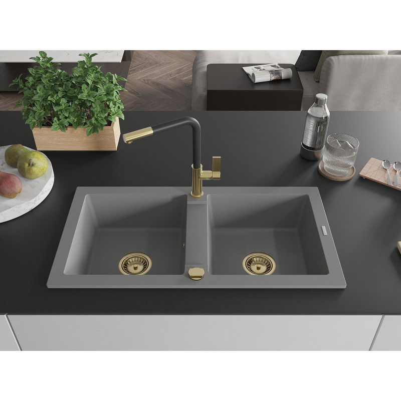 Mexen Mario granite sink 2-bowl with Flora kitchen tap, grey - 6504-71-670401-57-G
