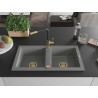 Mexen Mario granite double-bowl sink with Flora kitchen faucet, gray - 6504-71-670401-57-G