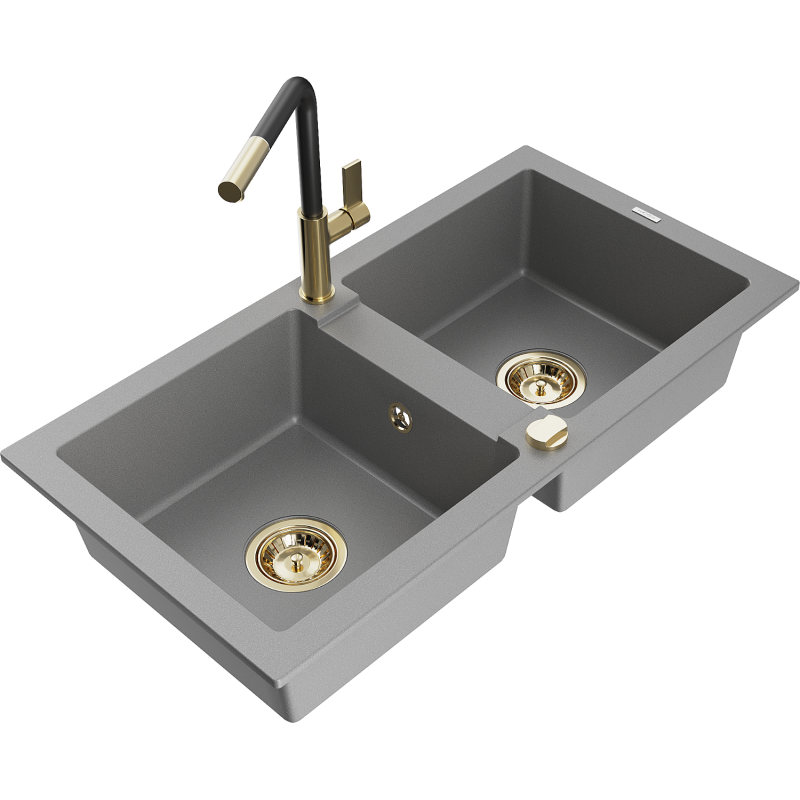 Mexen Mario 2-compartment granite sink with a kitchen mixer tap Flora, Grey - 6504-71-670401-57-G