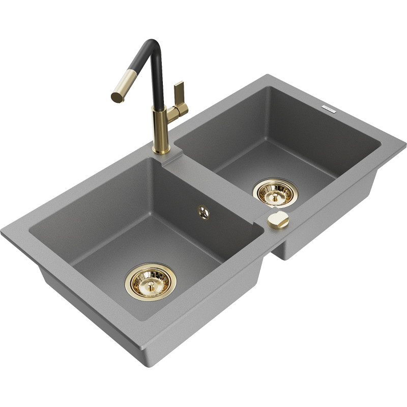 Mexen Mario granite double-bowl sink with Flora kitchen faucet, gray - 6504-71-670401-57-G