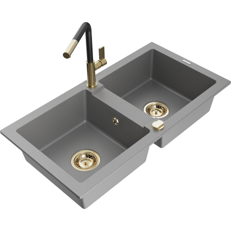 Mexen Mario granite double-bowl sink with Flora kitchen faucet, gray - 6504-71-670401-57-G