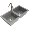 Mexen Mario 2-compartment granite sink with a kitchen mixer tap Flora, Grey - 6504-71-670401-57-G