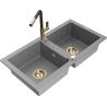 Mexen Mario granite double-bowl sink with Flora kitchen faucet, gray - 6504-71-670401-57-G