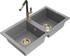 Mexen Mario granite double-bowl sink with Flora kitchen faucet, gray - 6504-71-670401-57-G