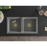 Mexen Mario granite double-bowl sink with Flora kitchen faucet, gray - 6504-71-670401-57-G