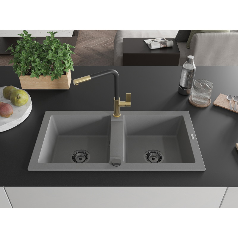 Mexen Mario granite double-bowl sink with Flora kitchen faucet, gray - 6504-71-670401-57-B