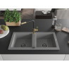 Mexen Mario granite double-bowl sink with Flora kitchen faucet, gray - 6504-71-670401-57-B