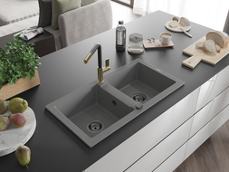 Mexen Mario 2-compartment granite sink with a kitchen mixer tap Flora, Grey - 6504-71-670401-57-B