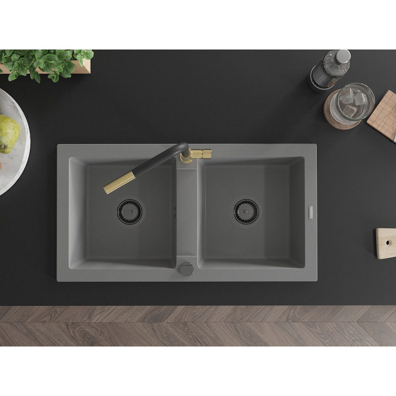 Mexen Mario 2-bowl granite sink with Flora kitchen tap, grey - 6504-71-670401-57-B
