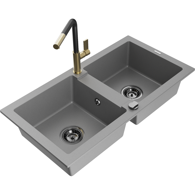 Mexen Mario 2-bowl granite sink with Flora kitchen tap, grey - 6504-71-670401-57-B