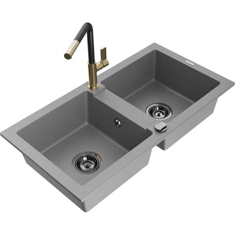 Mexen Mario granite double-bowl sink with Flora kitchen faucet, gray - 6504-71-670401-57-B