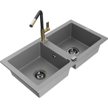Mexen Mario granite double-bowl sink with Flora kitchen faucet, gray - 6504-71-670401-57-B