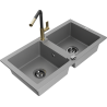Mexen Mario 2-compartment granite sink with a kitchen mixer tap Flora, Grey - 6504-71-670401-57-B
