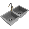 Mexen Mario granite double-bowl sink with Flora kitchen faucet, gray - 6504-71-670401-57-B
