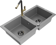 Mexen Mario granite double-bowl sink with Flora kitchen faucet, gray - 6504-71-670401-57-B