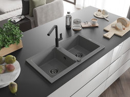 Mexen Mario granite double-bowl sink with Flora kitchen tap, grey - 6504-71-670401-70-B