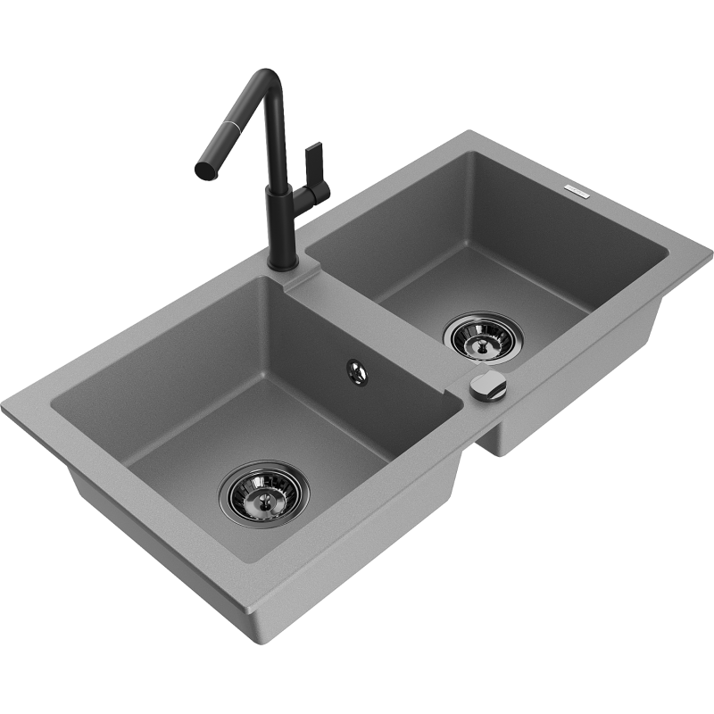 Mexen Mario 2-compartment granite sink with a kitchen mixer tap Flora, Grey - 6504-71-670401-70-B