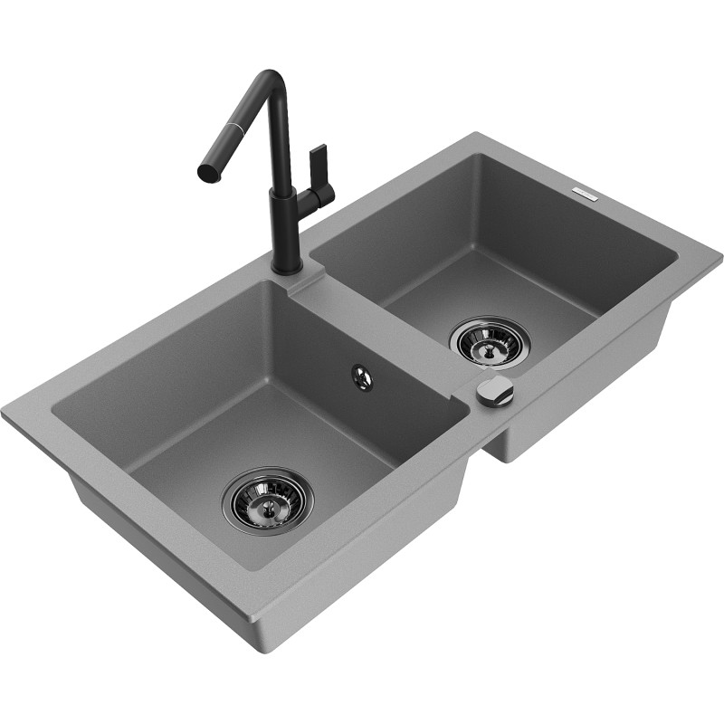 Mexen Mario granite double-bowl sink with Flora kitchen faucet, gray - 6504-71-670401-70-B