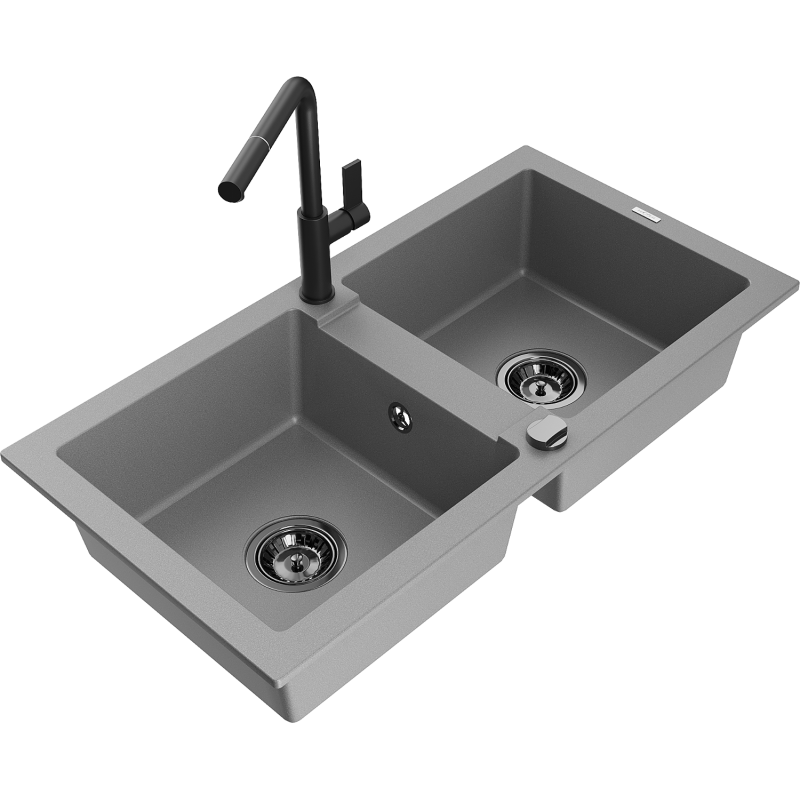 Mexen Mario granite double-bowl sink with Flora kitchen tap, grey - 6504-71-670401-70-B