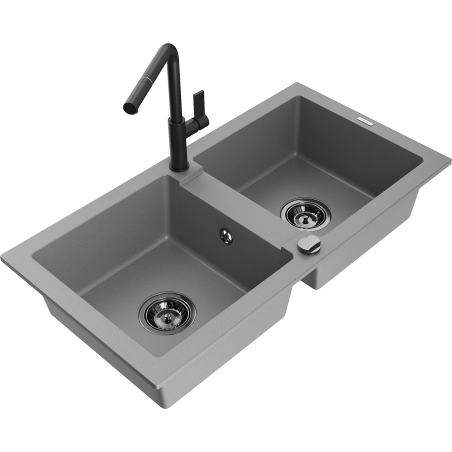 Mexen Mario 2-chamber granite sink with Flora kitchen faucet, gray - 6504-71-670401-70-B