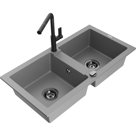 Mexen Mario granite double-bowl sink with Flora kitchen tap, grey - 6504-71-670401-70-B