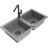Mexen Mario 2-chamber granite sink with Flora kitchen faucet, gray - 6504-71-670401-70-B