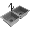 Mexen Mario 2-compartment granite sink with a kitchen mixer tap Flora, Grey - 6504-71-670401-70-B