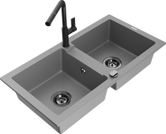 Mexen Mario granite double-bowl sink with Flora kitchen faucet, gray - 6504-71-670401-70-B
