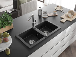 Mexen Mario granite kitchen sink 2-bowl with Flora kitchen tap, black/silver metallic - 6504-73-670401-00