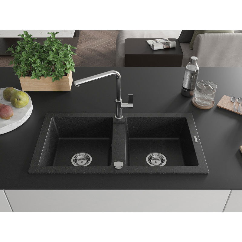 Mexen Mario granite kitchen sink 2-bowl with Flora kitchen tap, black/silver metallic - 6504-73-670401-00