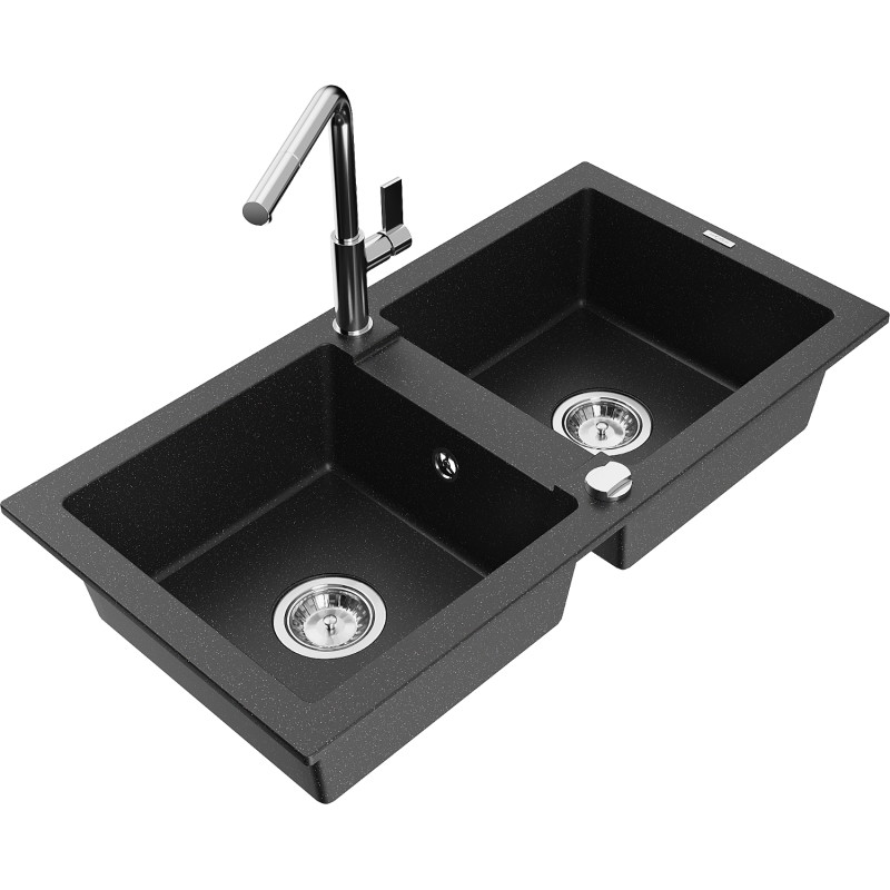 Mexen Mario granite double-bowl sink with Flora kitchen faucet, black/silver metallic - 6504-73-670401-00