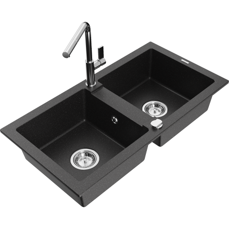 Mexen Mario granite double-bowl sink with Flora kitchen faucet, black/silver metallic - 6504-73-670401-00