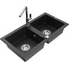 Mexen Mario granite double-bowl sink with Flora kitchen faucet, black/silver metallic - 6504-73-670401-00