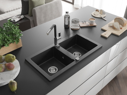 Mexen Mario granite sink 2-compartment with Flora kitchen faucet, black/silver metallic - 6504-73-670401-07