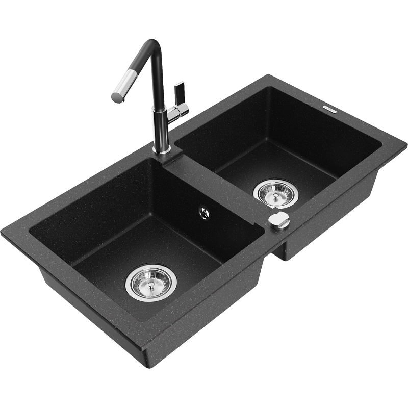 Mexen Mario 2-compartment granite sink with a kitchen mixer tap Flora, Black/Silver metallic - 6504-73-670401-07