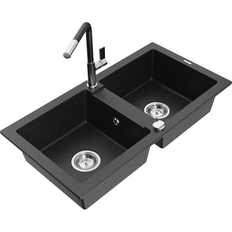 Mexen Mario granite kitchen sink 2-bowl with Flora kitchen faucet, black/silver metallic - 6504-73-670401-07
