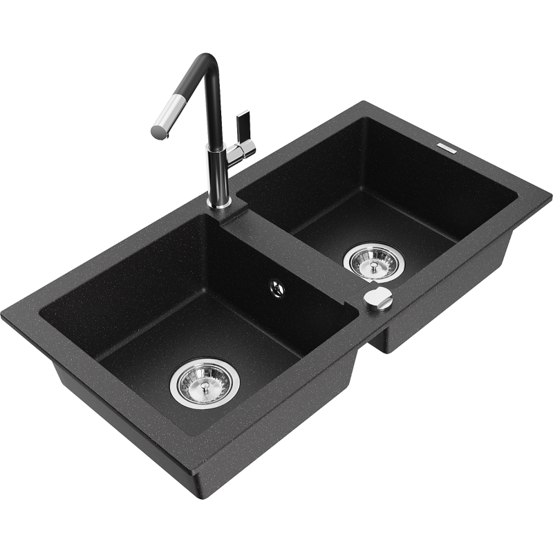 Mexen Mario granite sink 2-bowl with Flora kitchen tap, black/silver metallic - 6504-73-670401-07