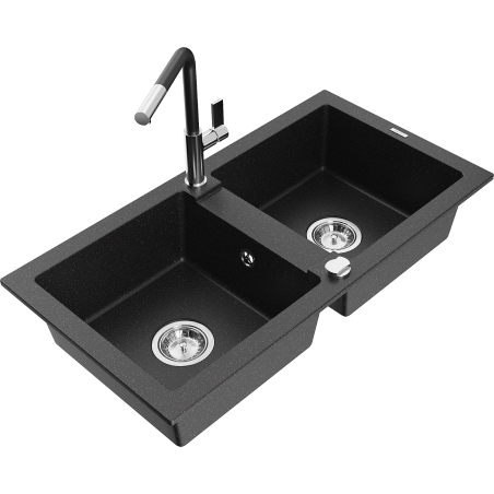 Mexen Mario granite kitchen sink 2-bowl with Flora kitchen faucet, black/silver metallic - 6504-73-670401-07