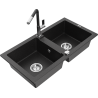 Mexen Mario granite kitchen sink 2-bowl with Flora kitchen faucet, black/silver metallic - 6504-73-670401-07